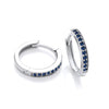 Sterling silver huggie hoop earrings with simulated sapphire stones, displayed on a white background.