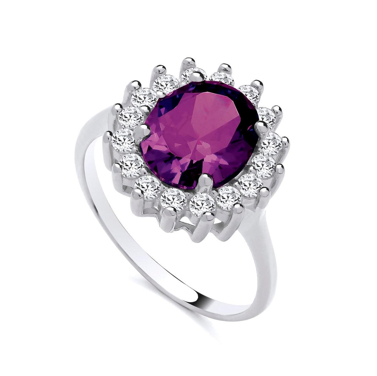 Sterling silver ring with simulated amethyst and CZ stones in an oval halo cluster by Silversmiths.