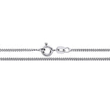 Close-up of a 1.2mm rhodium-plated silver curb chain necklace by Silversmiths, featuring a spring ring clasp.