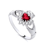 Sterling silver Claddagh ring featuring a simulated ruby heart and cubic zirconia accents.