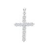 A sterling silver cross pendant with cubic zirconia is displayed on a white background, showing its sparkling stones.