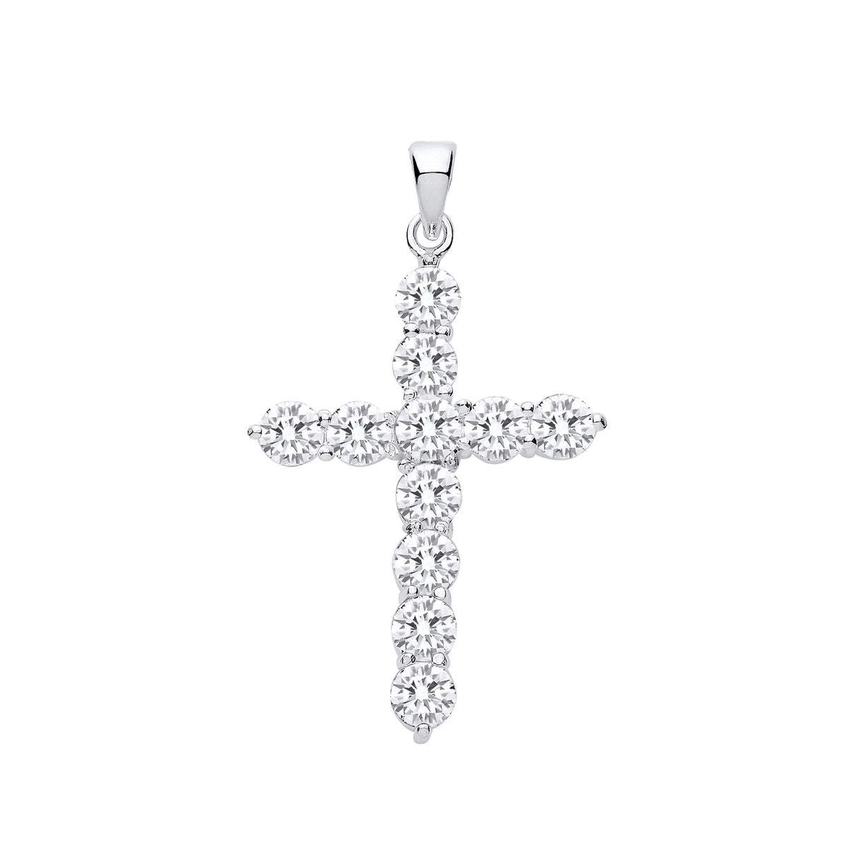 A sterling silver cross pendant with cubic zirconia is displayed on a white background, showing its sparkling stones.