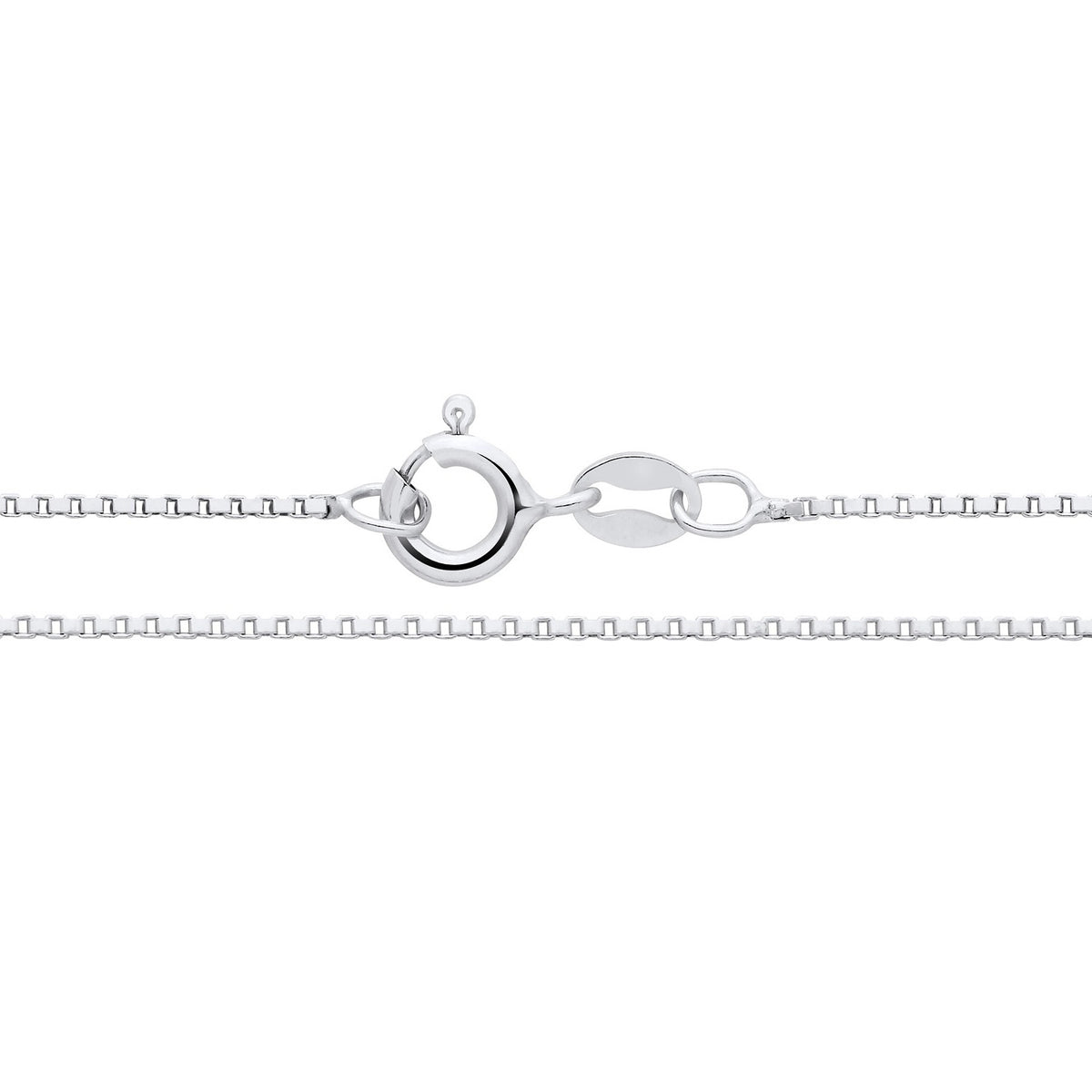 Silversmiths 1.1mm diamond cut sterling silver box chain necklace with a spring ring clasp on a white background.