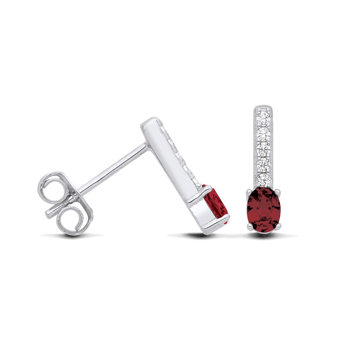 Sterling silver drop stud earrings with simulated ruby and cubic zirconia by Silversmiths.