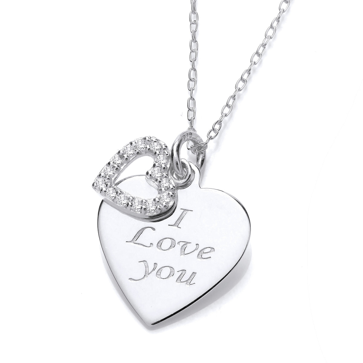 Sterling silver necklace with a cubic zirconia heart charm engraved with “I Love You” on a delicate chain.