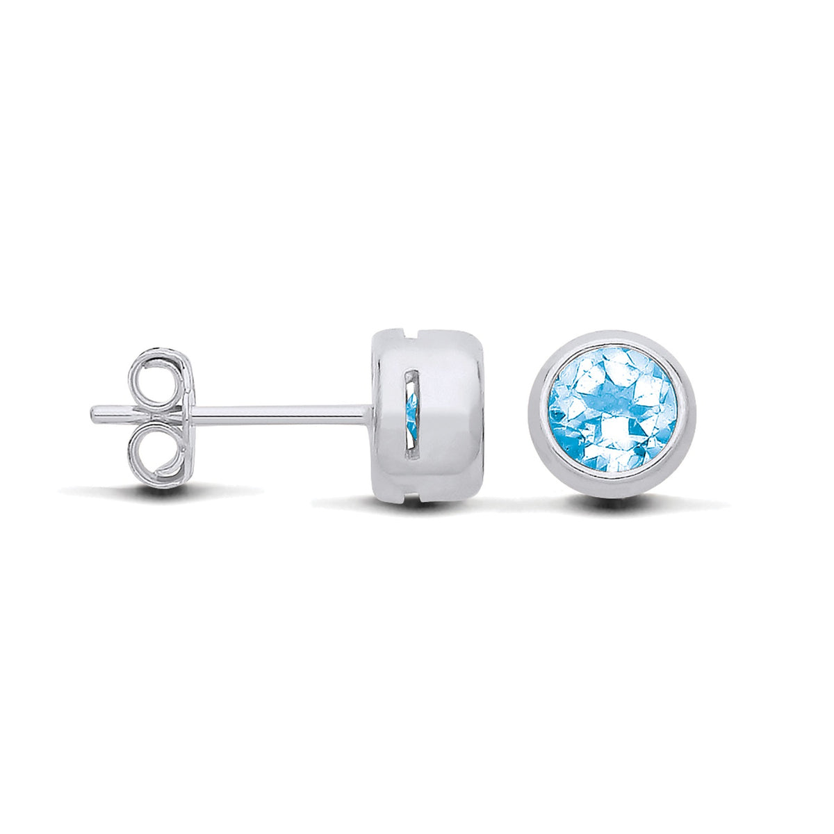 Sterling silver blue topaz stud earrings by Silversmiths shown from front and side views with bezel settings.