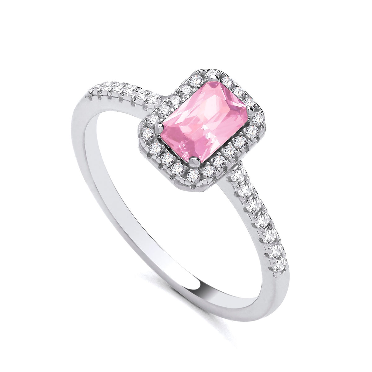 Sterling silver ring featuring simulated pink sapphire and cubic zirconia accents.