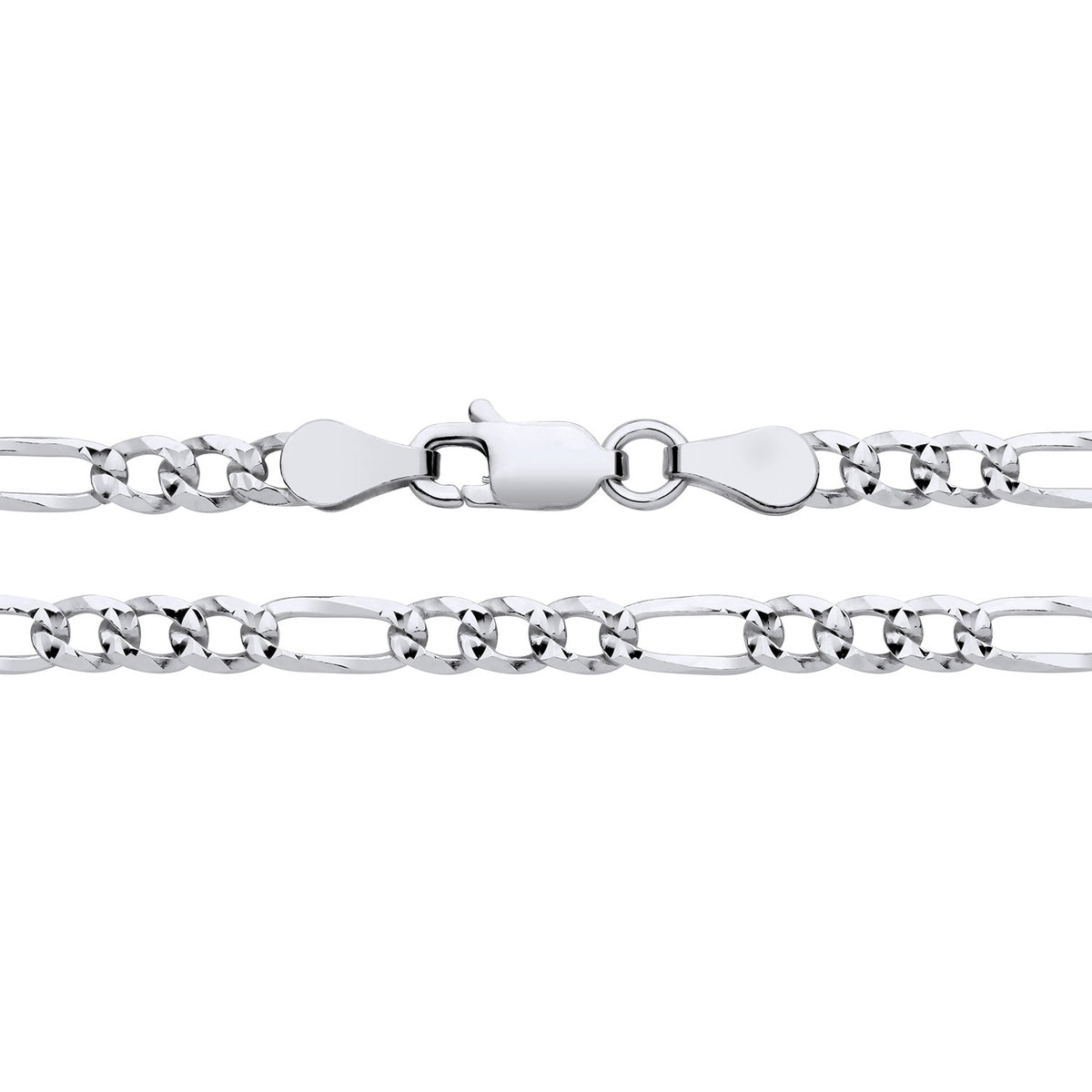 A 3.7mm sterling silver pavé Figaro chain necklace with a lobster clasp is shown on a white background.