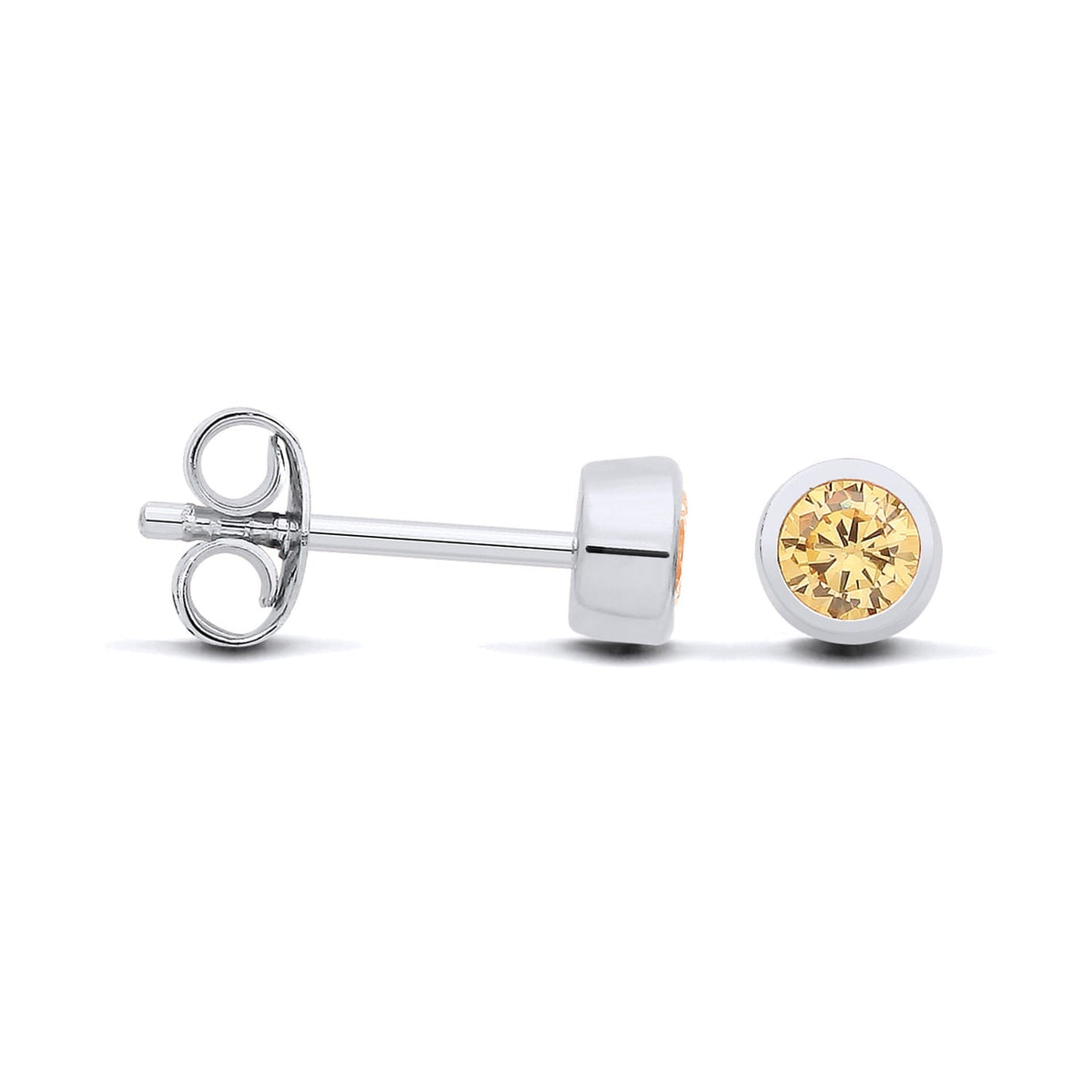 Silversmiths sterling silver stud earrings with simulated citrine, displayed from front and side views.