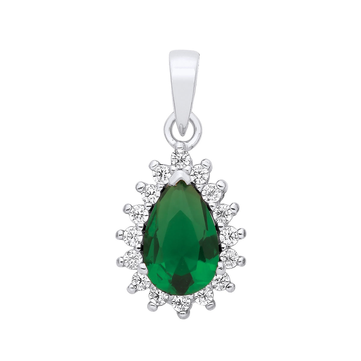 Sterling silver teardrop pendant with a simulated emerald and a cluster of cubic zirconia accents.