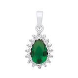 Sterling silver teardrop pendant with a simulated emerald and a cluster of cubic zirconia accents.