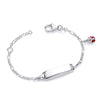 Sterling silver adjustable ID bracelet with a ladybird charm, lobster clasp, and a blank plate.