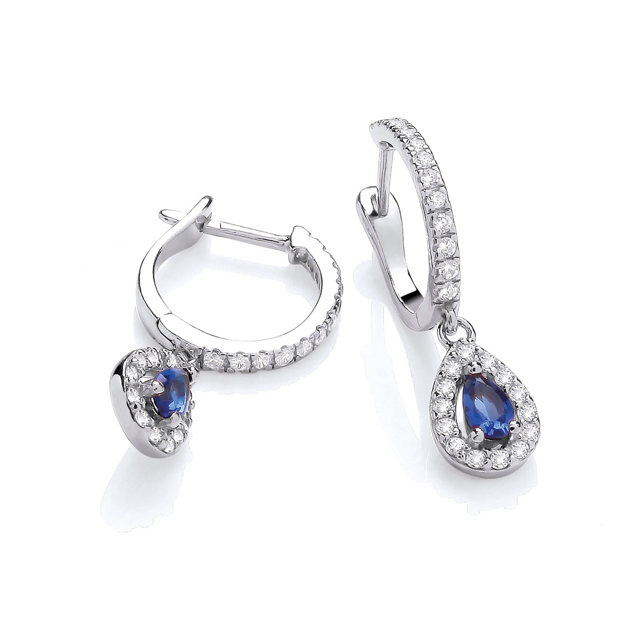 Sterling silver hoop earrings with simulated sapphire teardrop accents and clear stones.