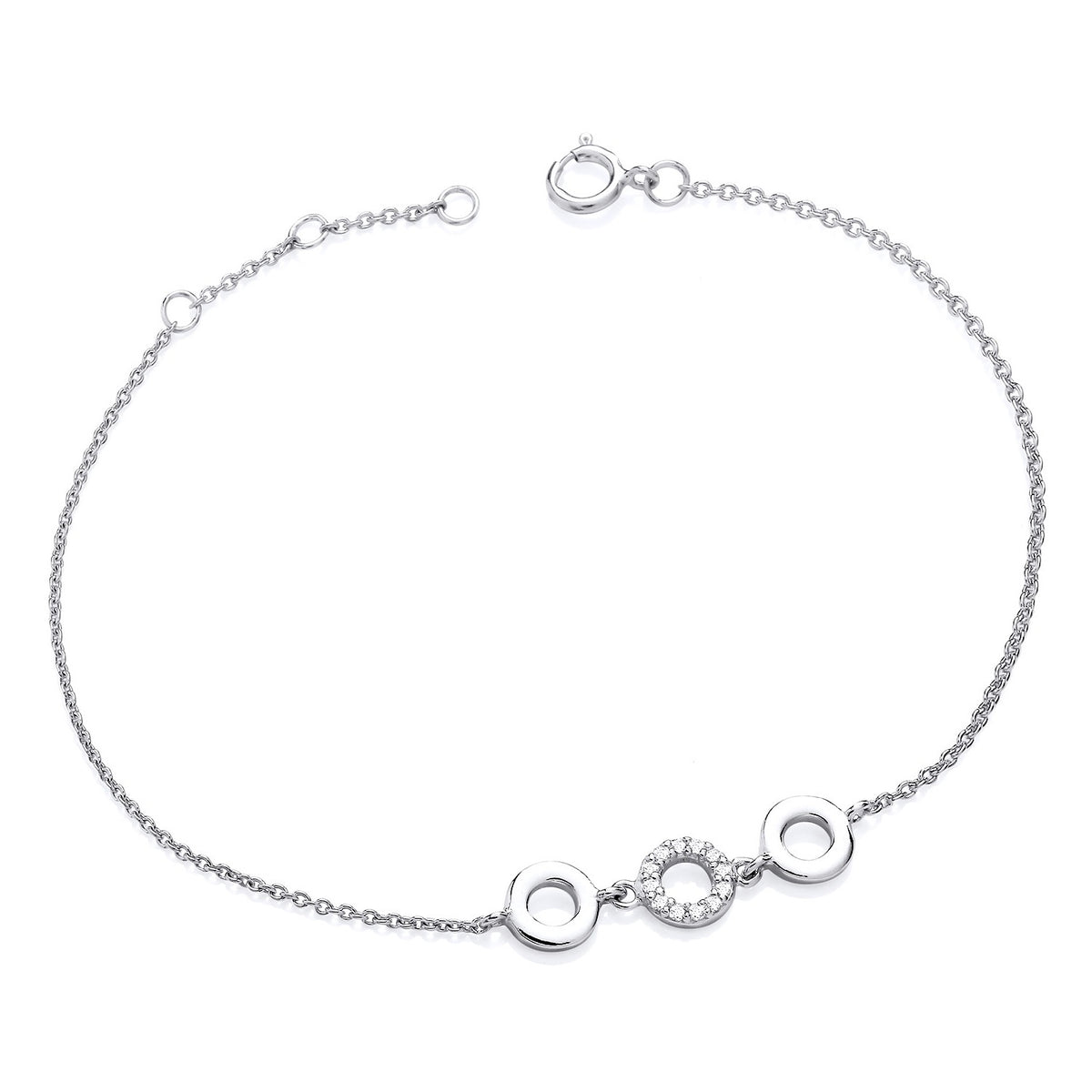 Sterling silver bracelet with three interlocking circles, each accented with cubic zirconia stones.