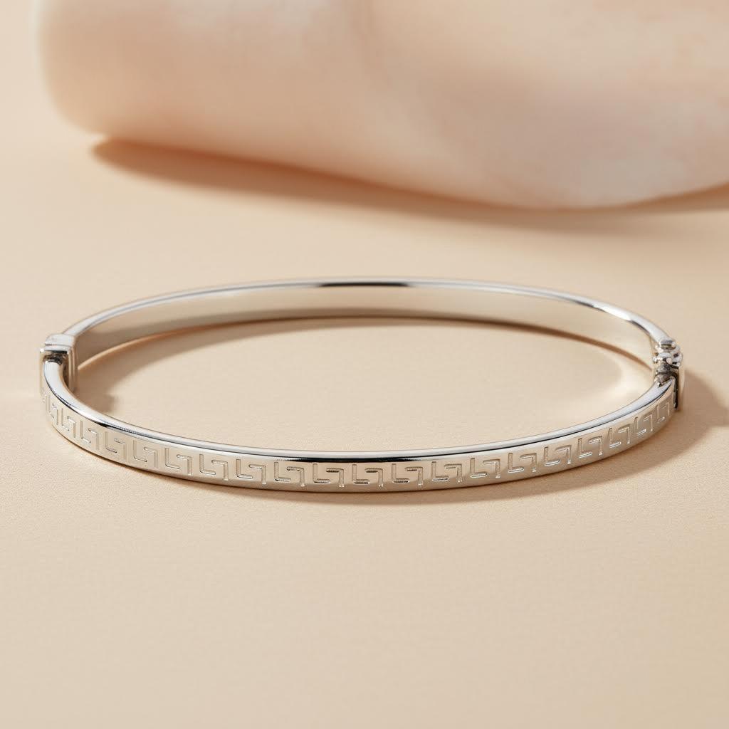 Sterling Silver Greek Key Hinged Bangle