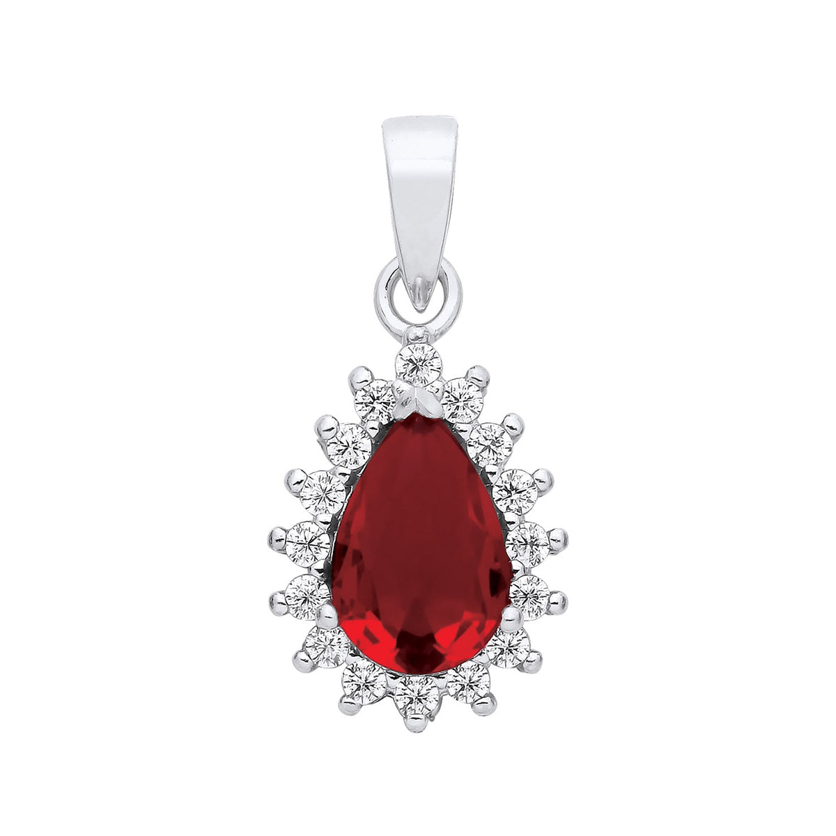 Silver pendant with a teardrop-shaped simulated ruby and clustered cubic zirconia accents in a silver setting.
