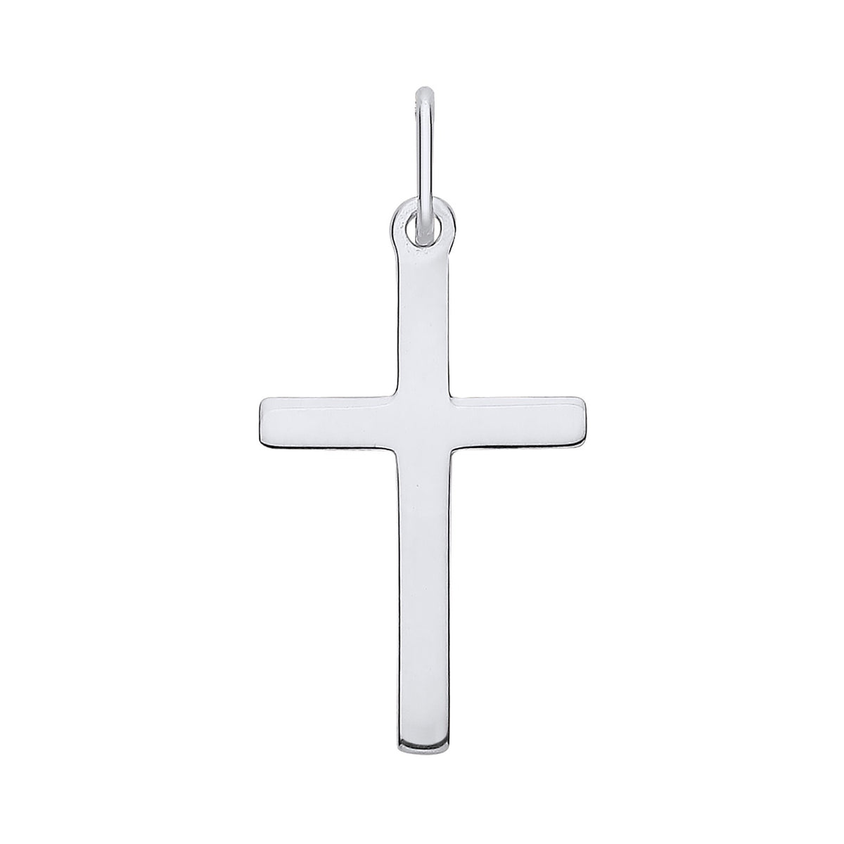 A small, minimalist sterling silver cross pendant by Silversmiths is displayed against a white background.