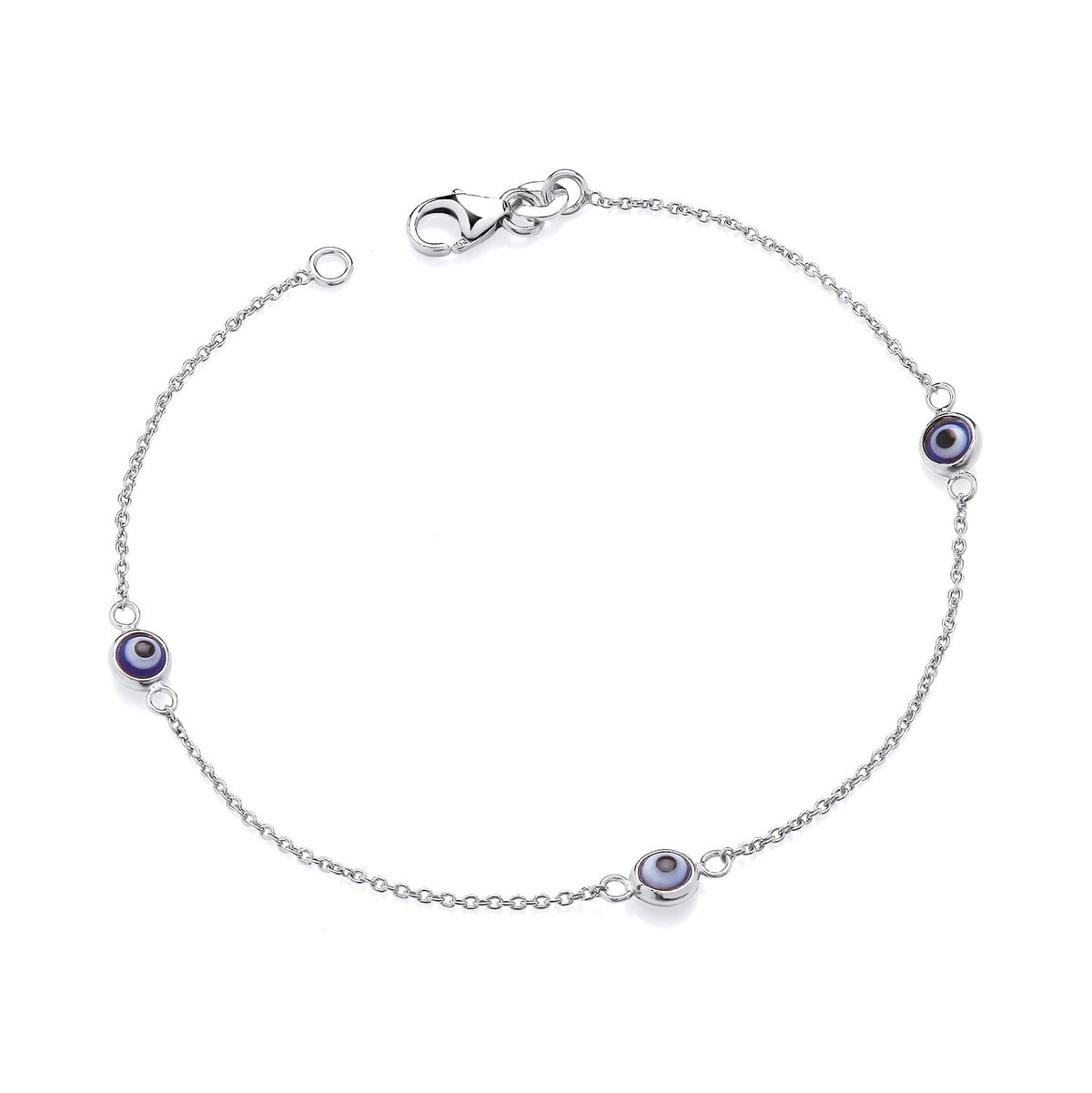 Sterling silver bracelet with three evil eye stations and a lobster clasp.