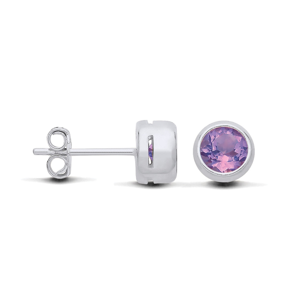 Silversmiths sterling silver stud earrings with natural amethyst stones, displayed from both front and side views.