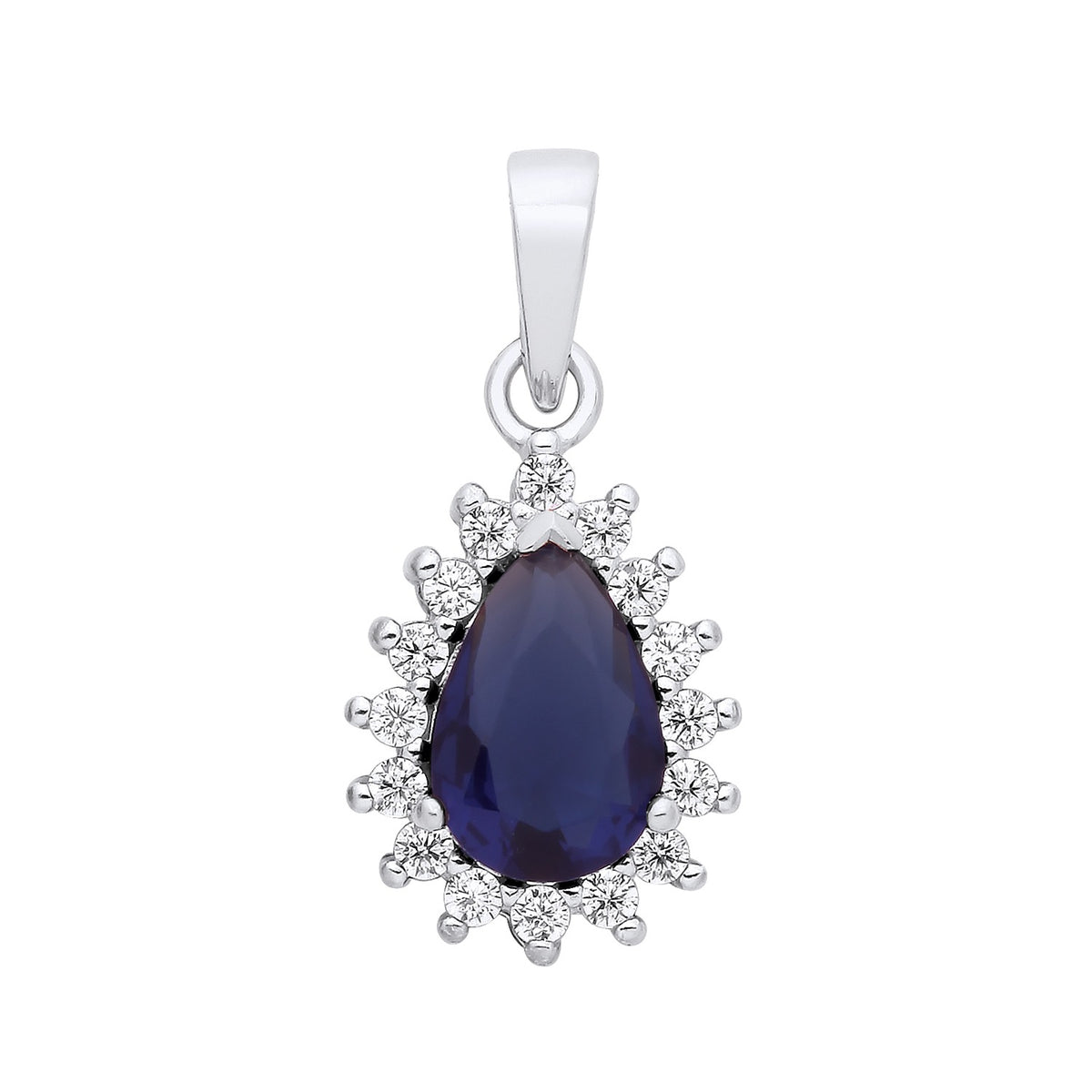Sterling silver teardrop pendant featuring simulated sapphire and CZ stones in a halo design.