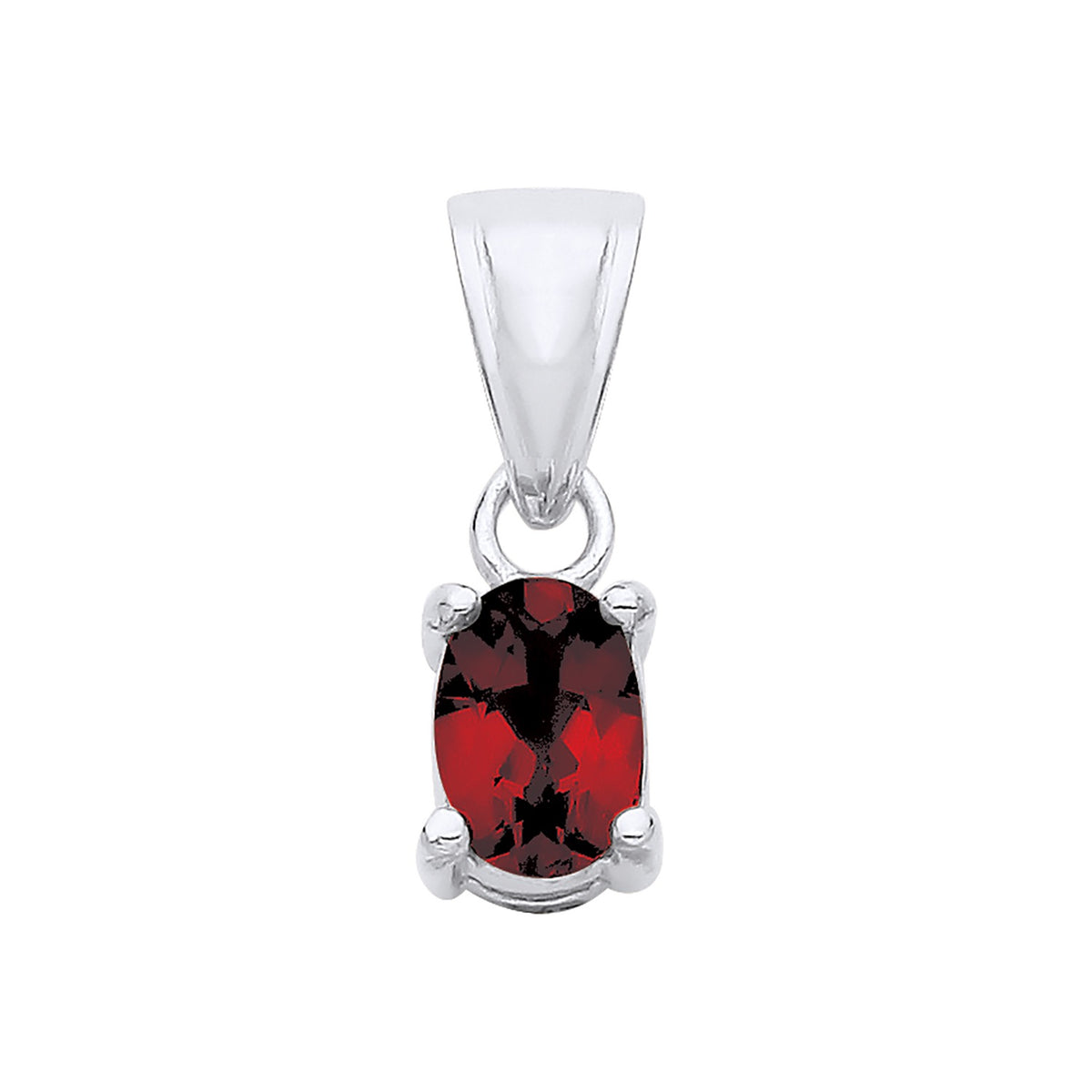 Sterling silver pendant with an oval-cut natural garnet gemstone secured in a four-prong setting by Silversmiths.