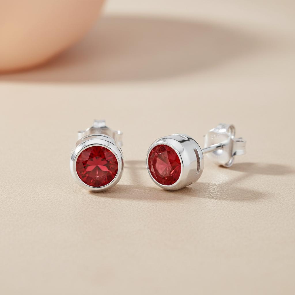 Silversmiths sterling silver stud earrings with simulated tourmaline set against a beige background.