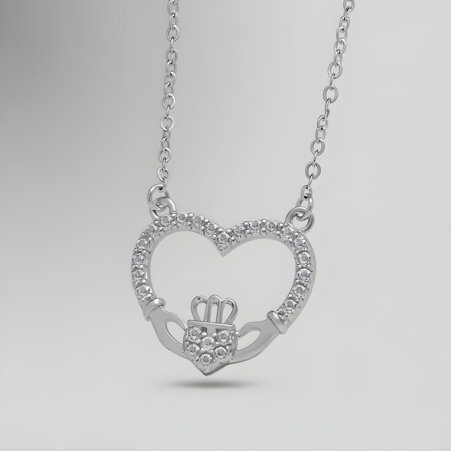 Sterling Silver CZ Claddagh Necklace with 16+2 Inch Extender