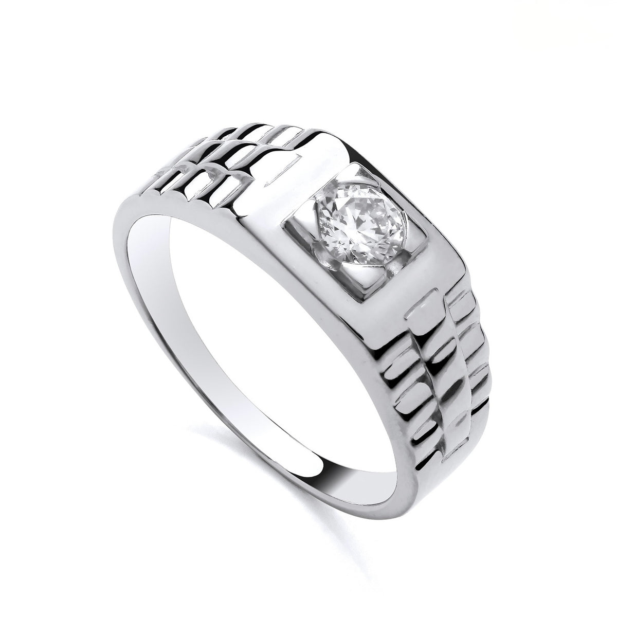 Men’s sterling silver signet ring with a geometric band and a single round-cut cubic zirconia at the center.