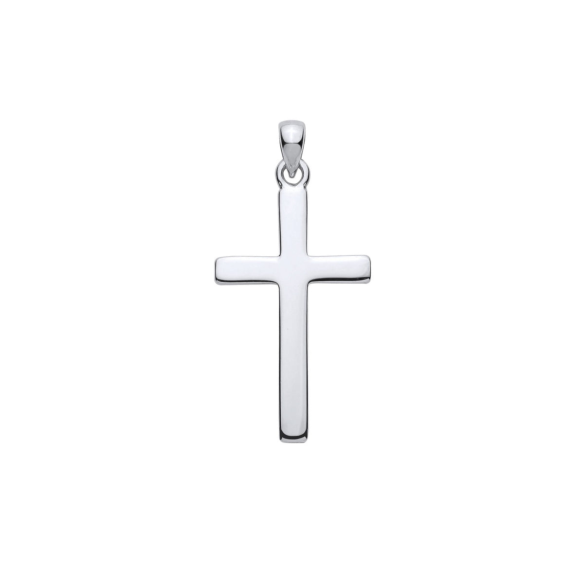 A medium plain cross pendant in sterling silver with a smooth, polished finish is shown against a white background.
