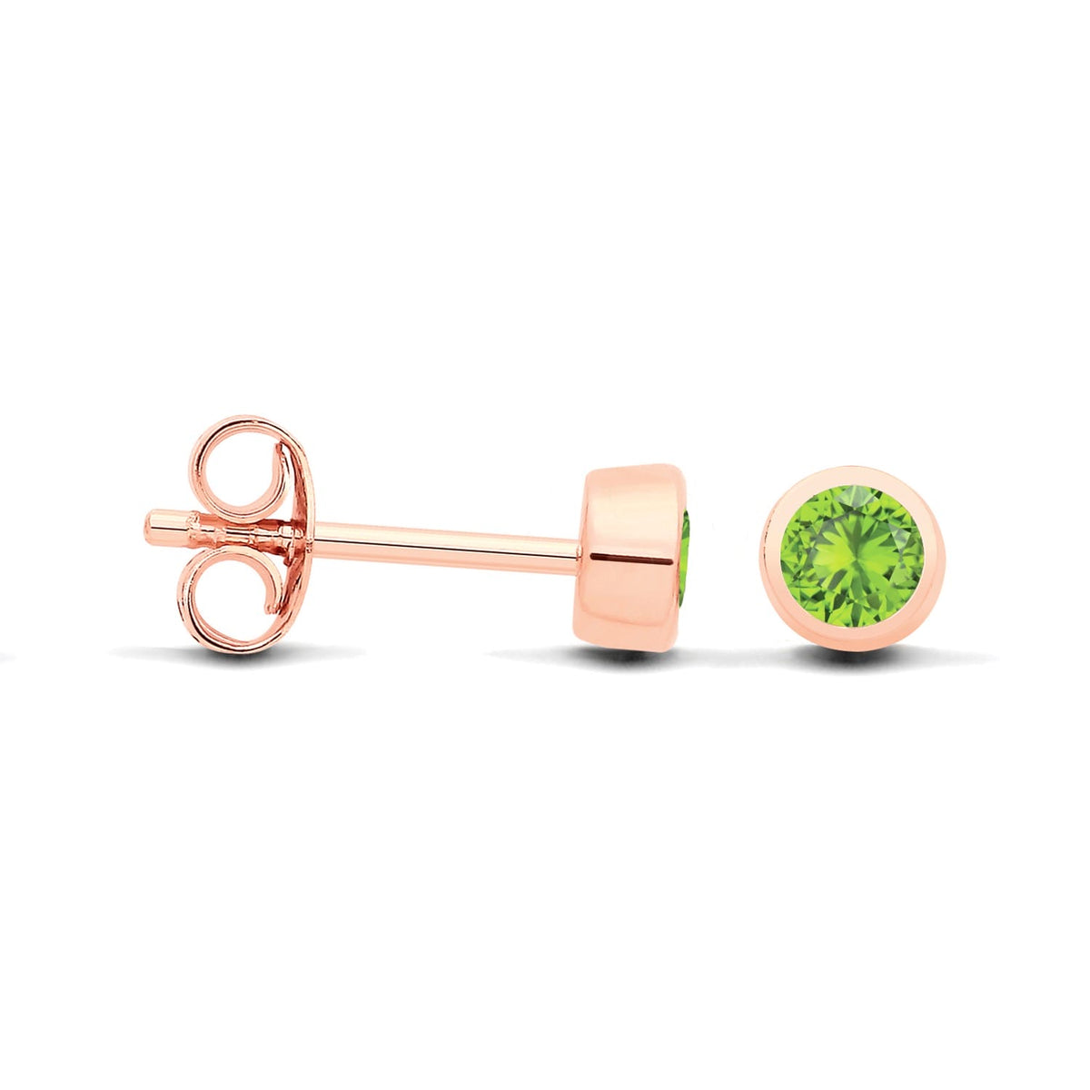 Rose gold plated silver stud earrings with simulated peridot are shown from the front and side on a white background.