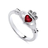 Sterling silver Claddagh ring with crowned hands holding a red simulated ruby heart.