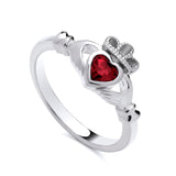 Sterling silver Claddagh ring with crowned hands holding a red simulated ruby heart.