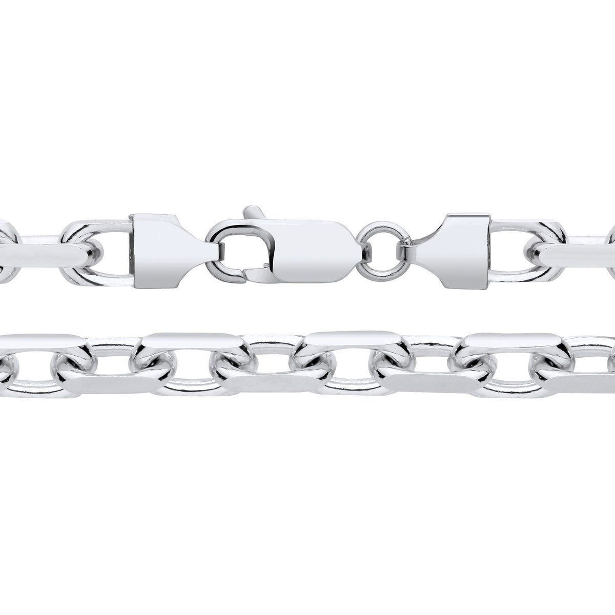 A 5.5mm sterling silver oval diamond cut Belcher chain necklace is displayed from two angles on a white background.