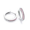 Silversmiths sterling silver huggie hoops with pink cubic zirconia on the outer edge; one earring shown open.