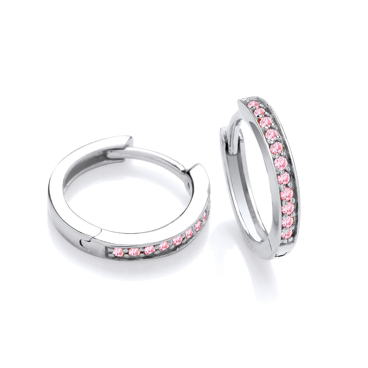 Silversmiths sterling silver huggie hoops with pink cubic zirconia on the outer edge; one earring shown open.