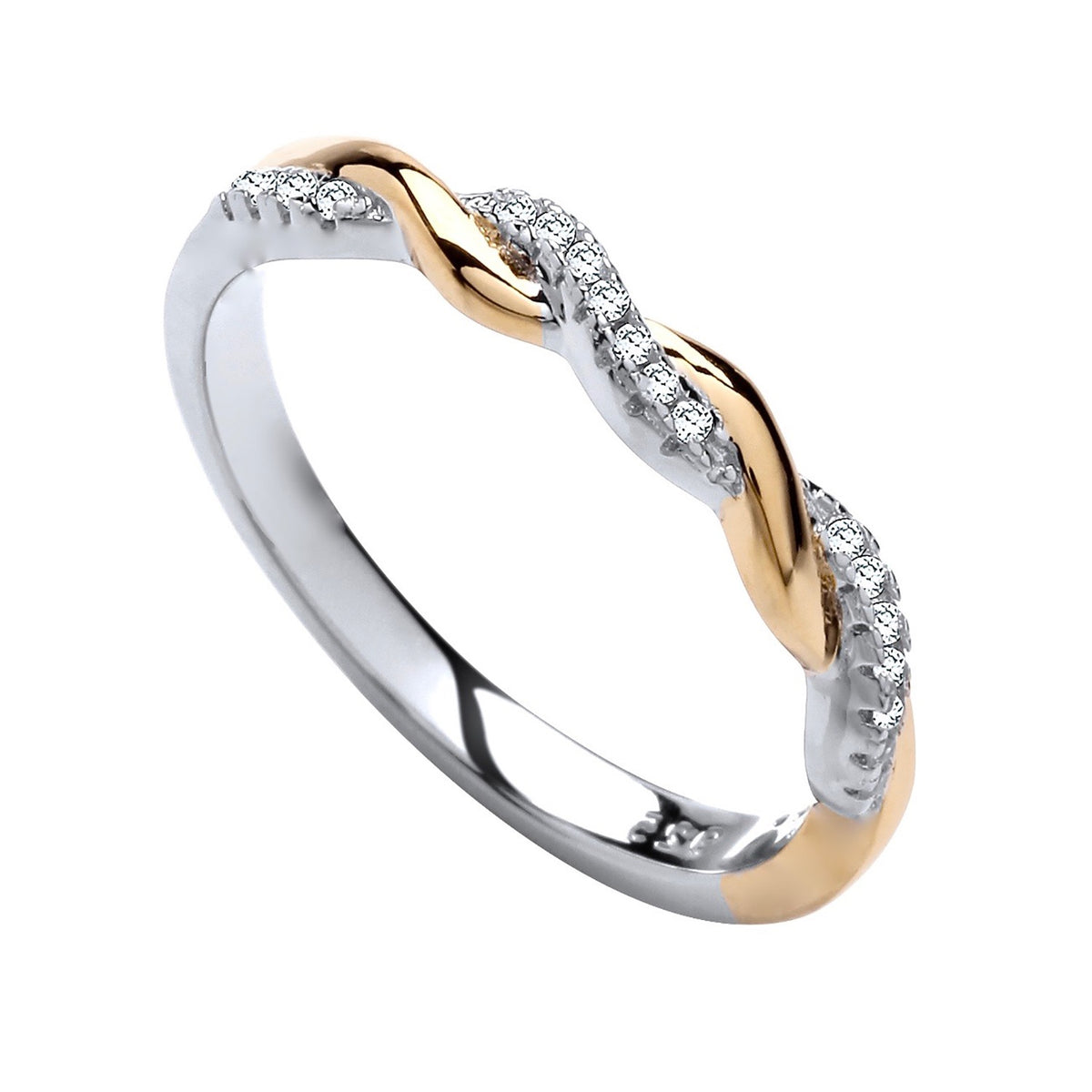 A two-tone gold plated sterling silver twist ring featuring cubic zirconia and pavé-set silver bands.