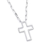 Silversmiths sterling silver open cross necklace with a paperclip chain is displayed on a white background.