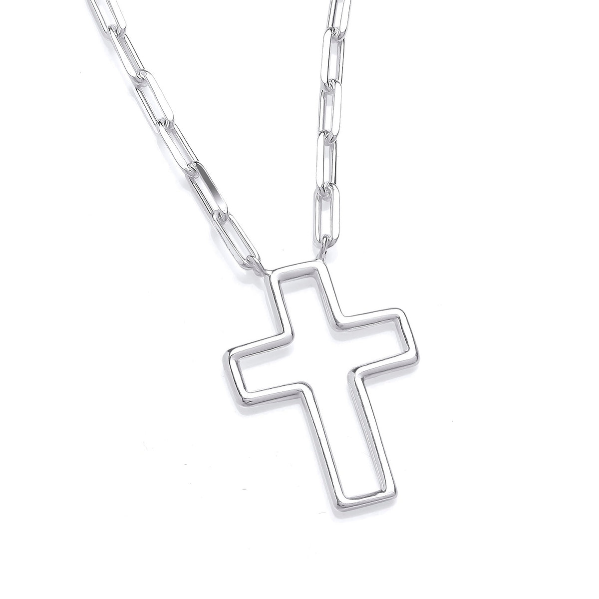 Silversmiths sterling silver open cross necklace with a paperclip chain is displayed on a white background.