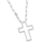 Silversmiths sterling silver open cross necklace with a paperclip chain is displayed on a white background.