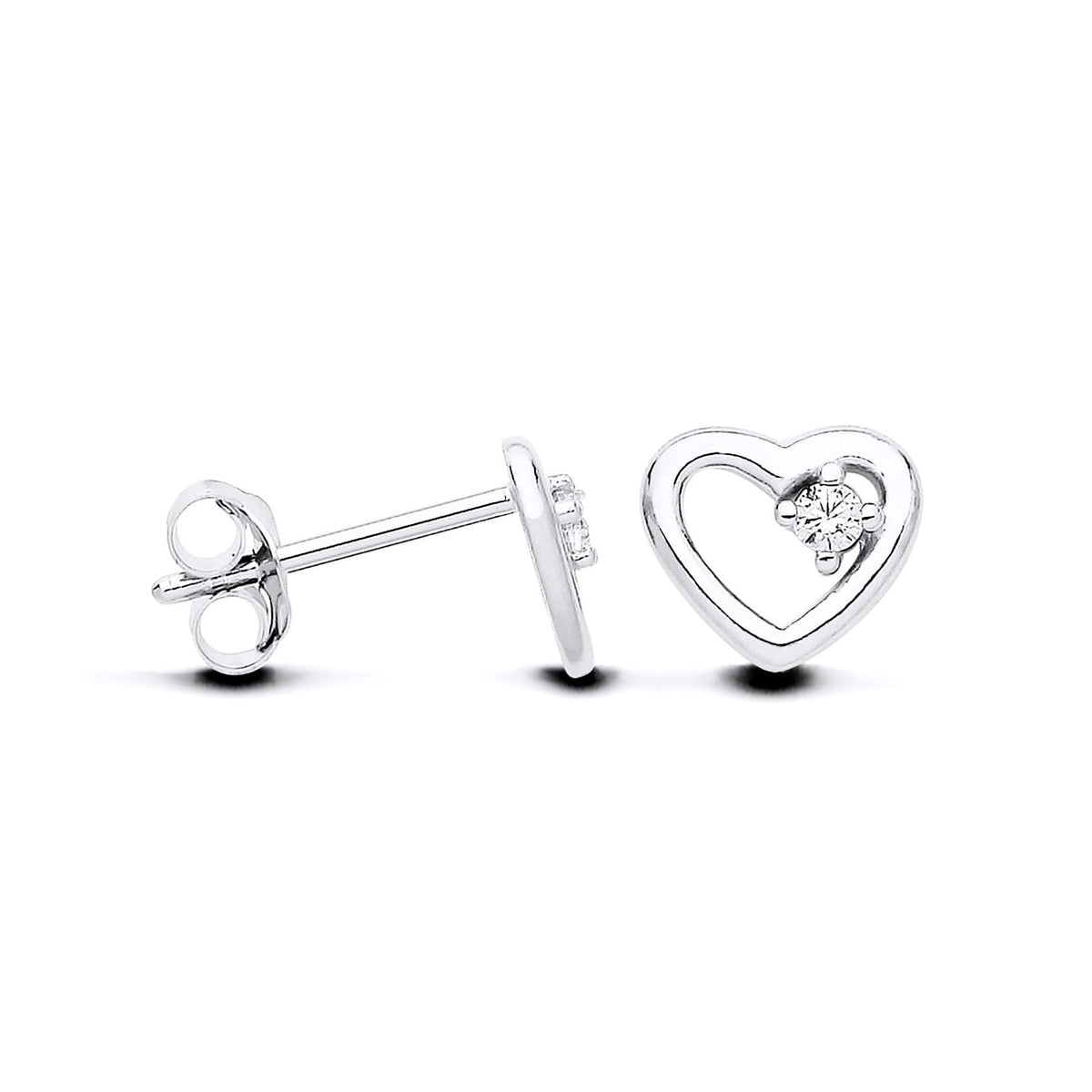 A pair of Silversmiths sterling silver stud earrings with 8mm cubic zirconia in open heart shapes on a white background.