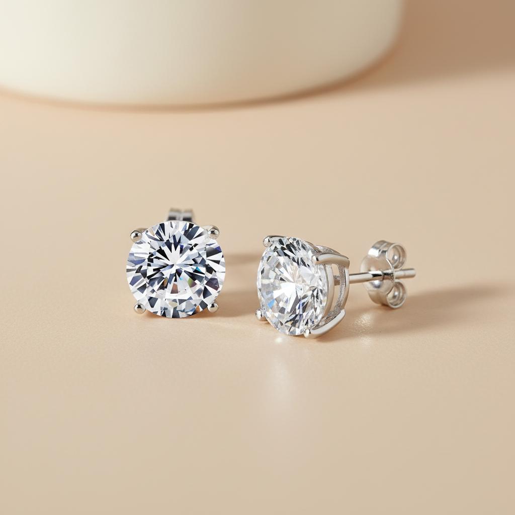 Silversmiths Sterling Silver 8mm round cubic zirconia stud earrings on a beige surface.