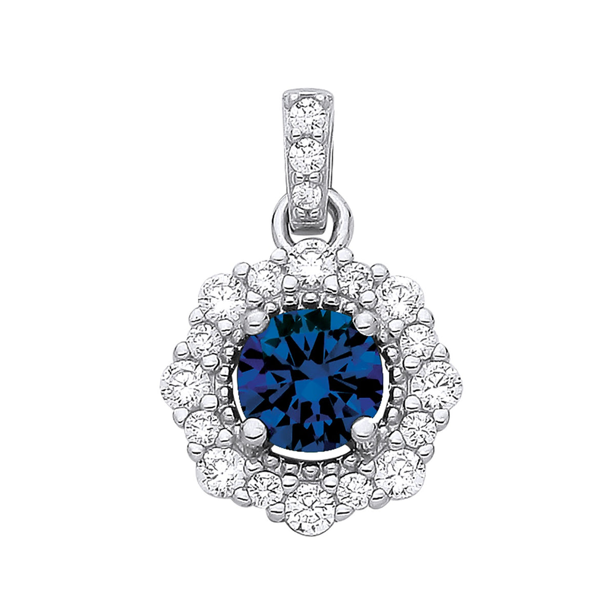 Sterling silver pendant with a simulated sapphire center and CZ stones forming a floral-shaped halo.