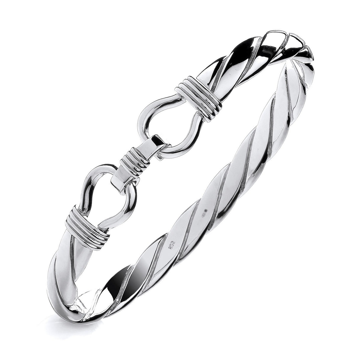 A Silversmiths sterling silver men’s hook bangle with a twisted cable design, displayed on a white background.