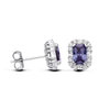 Sterling silver stud earrings with emerald-cut simulated tanzanite stones, halo setting, and butterfly backs.