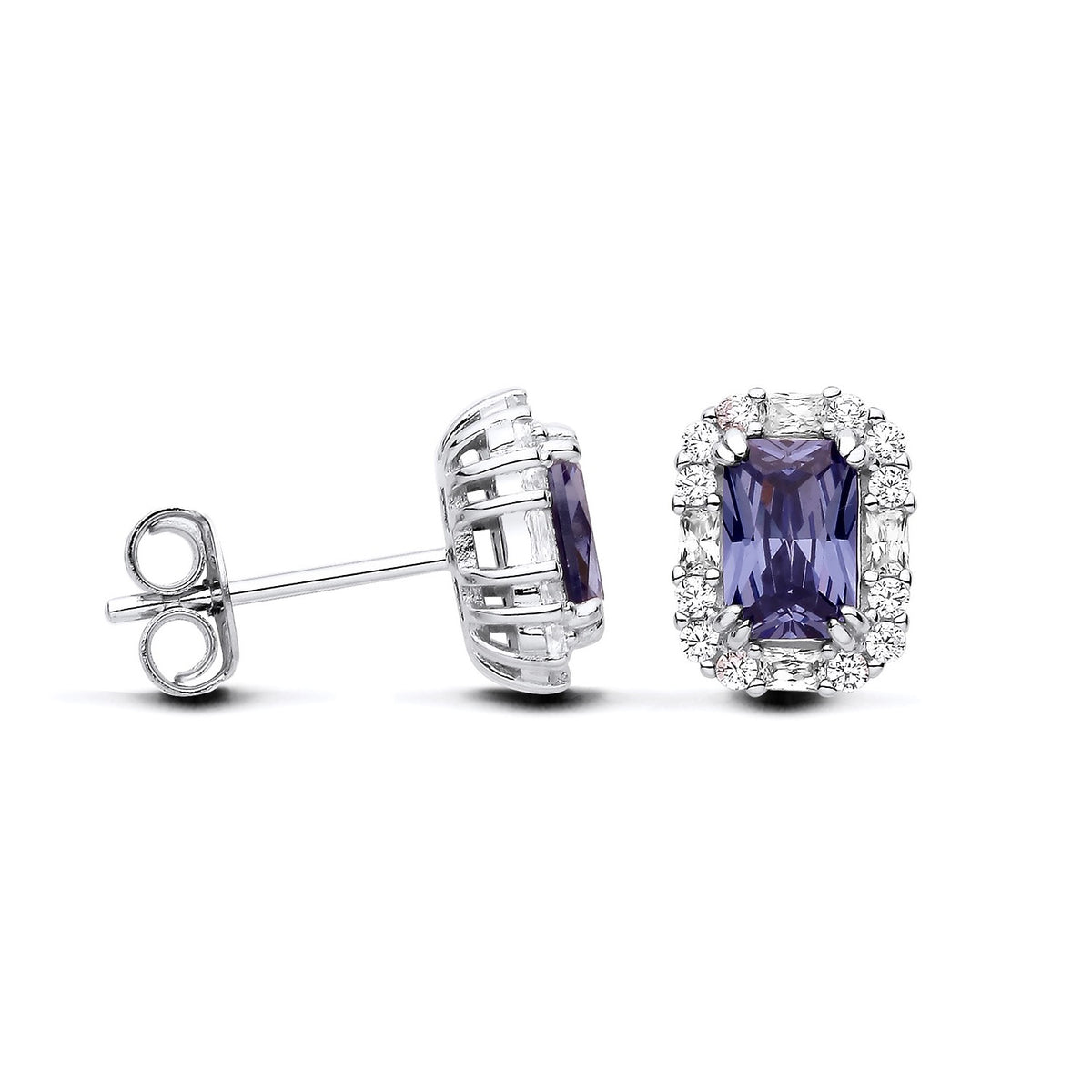 Sterling silver stud earrings with emerald-cut simulated tanzanite stones, halo setting, and butterfly backs.