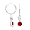 Sterling silver drop hoop earrings with simulated rubies and cubic zirconia, shown from the front and side.