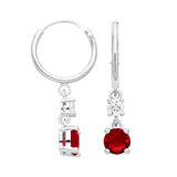 Sterling silver drop hoop earrings with simulated rubies and cubic zirconia, shown from the front and side.