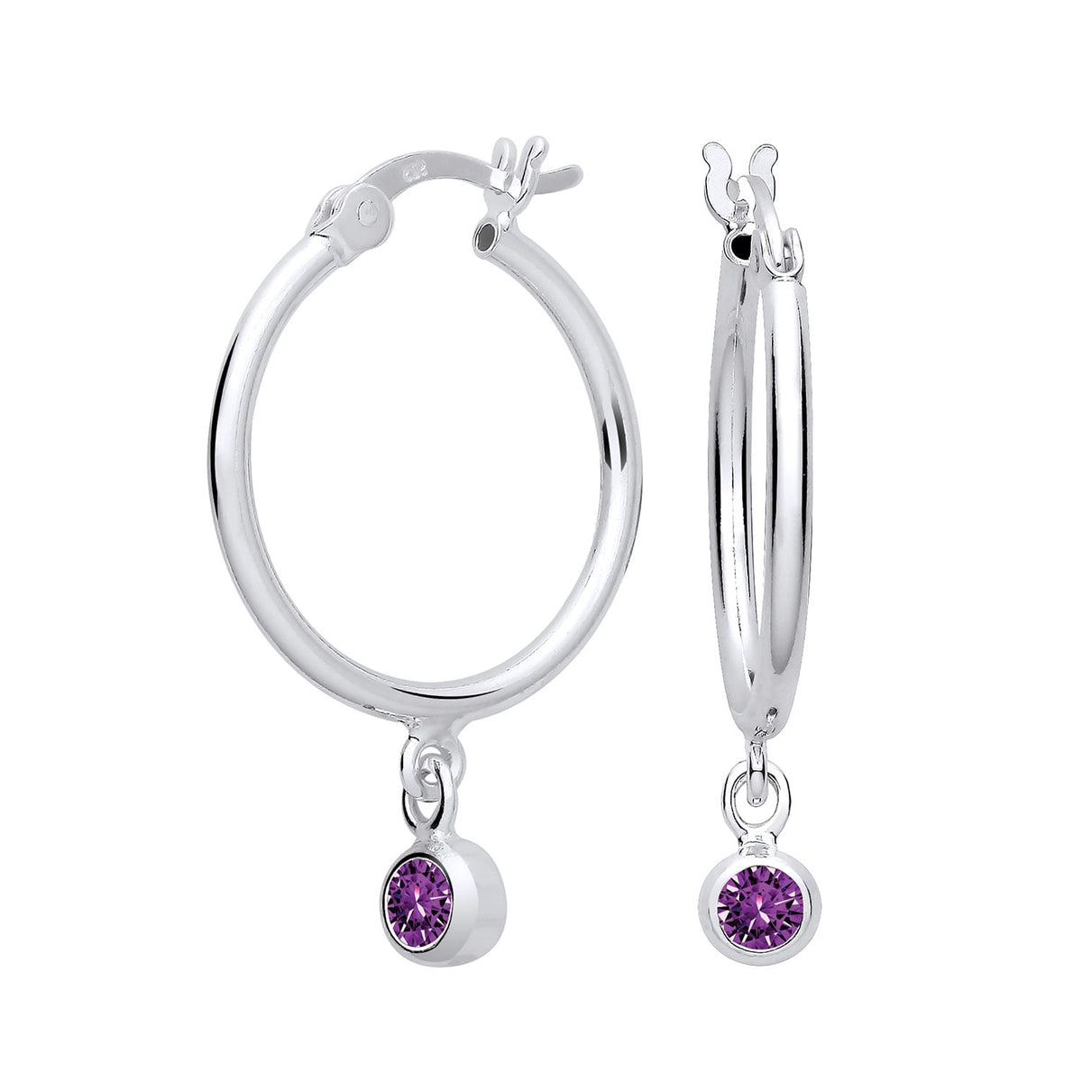 Sterling silver hoop earrings by Silversmiths feature simulated amethyst charms in a vibrant purple shade.