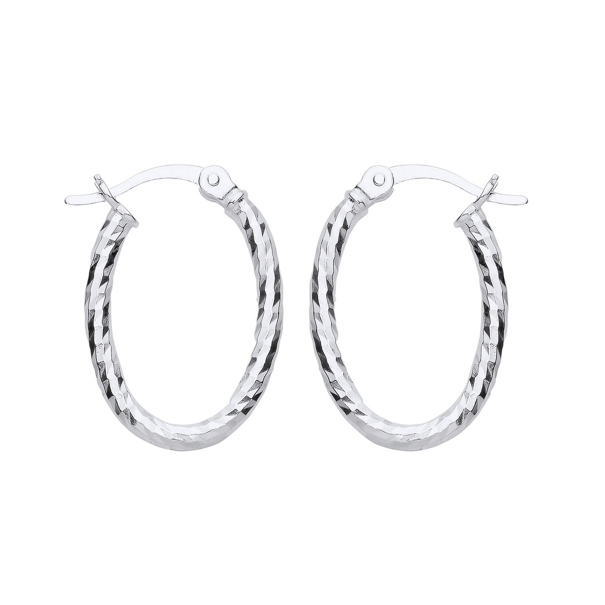 21mm sterling silver oval hoop earrings with diamond-cut finish and hinged clasps on a white background.