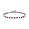A sterling silver tennis bracelet with simulated rubies and cubic zirconia shown on a white background.